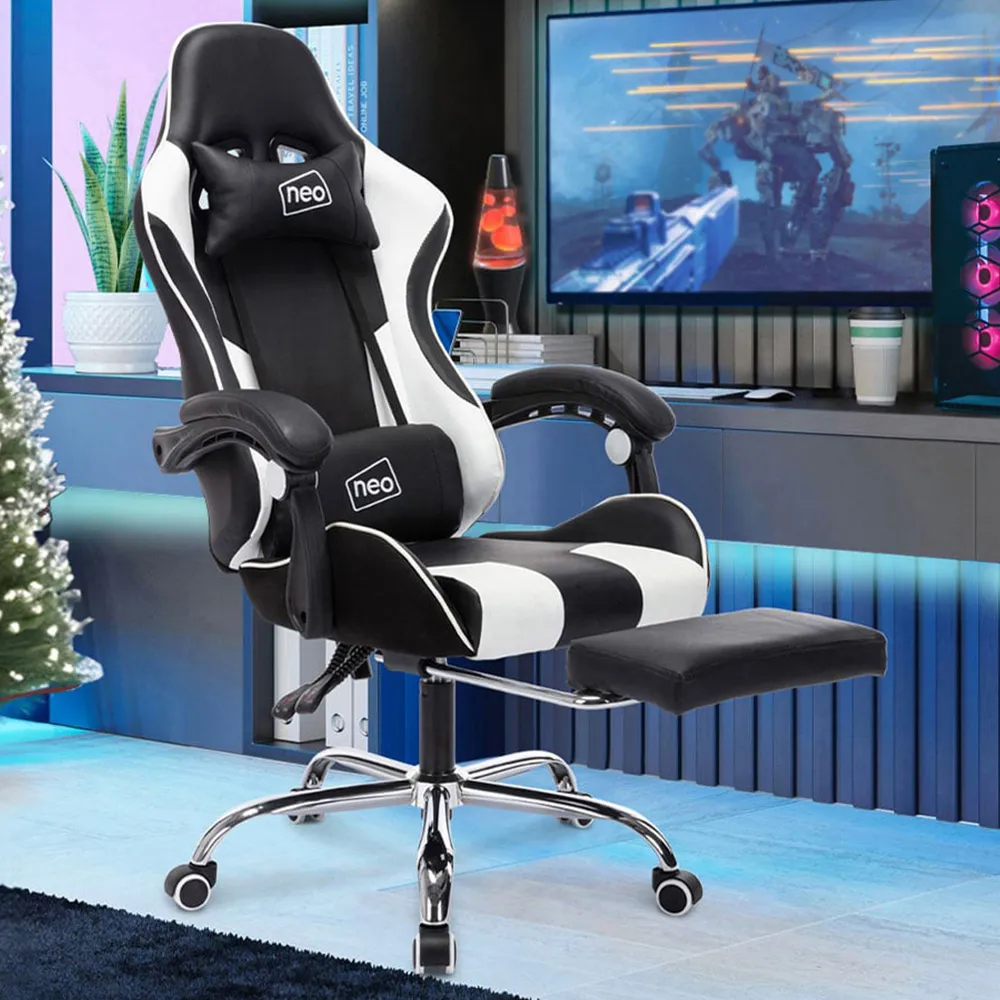 Swivel Massage Office Chair with Footrest - White, PU Leather