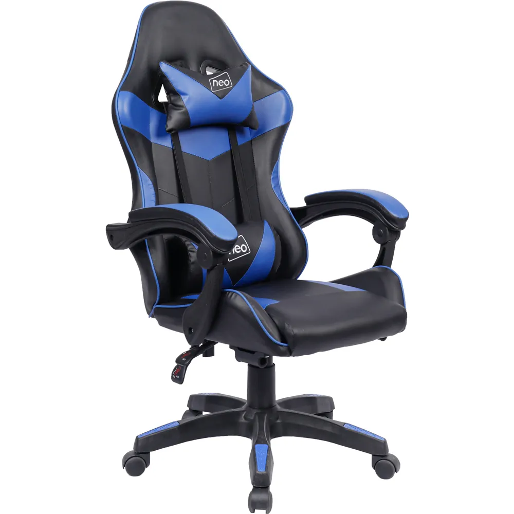 Swivel Office Chair with Lumbar Support - Blue, PU Leather