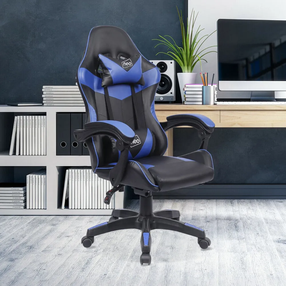 Swivel Office Chair with Lumbar Support - Blue, PU Leather