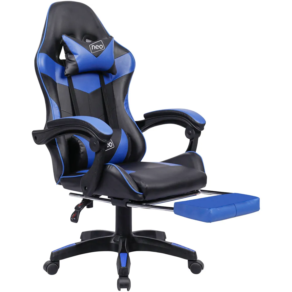 Swivel Office Chair with Lumbar Support - Blue, PU Leather