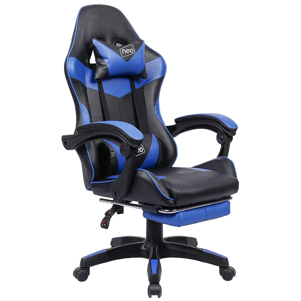 Swivel Office Chair with Lumbar Support - Blue, PU Leather
