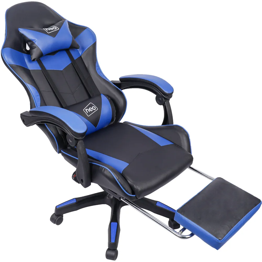 Swivel Office Chair with Lumbar Support - Blue, PU Leather