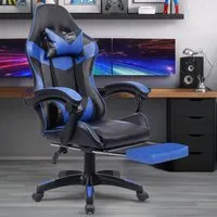 Swivel Office Chair with Lumbar Support - Blue, PU Leather