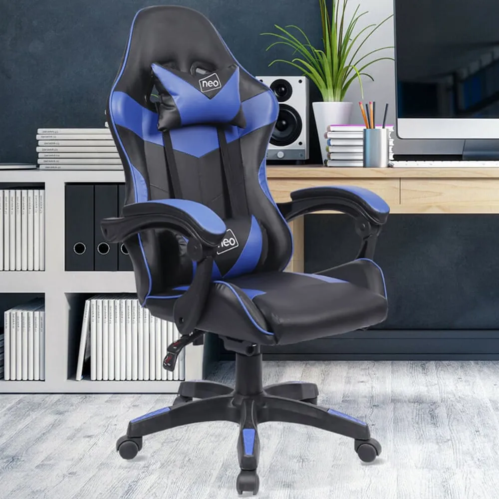 Swivel Office Chair with Lumbar Support - Blue, PU Leather