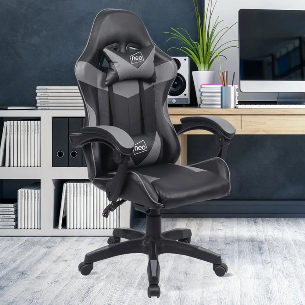 Swivel Office Chair with Lumbar Support - Grey, PU Leather