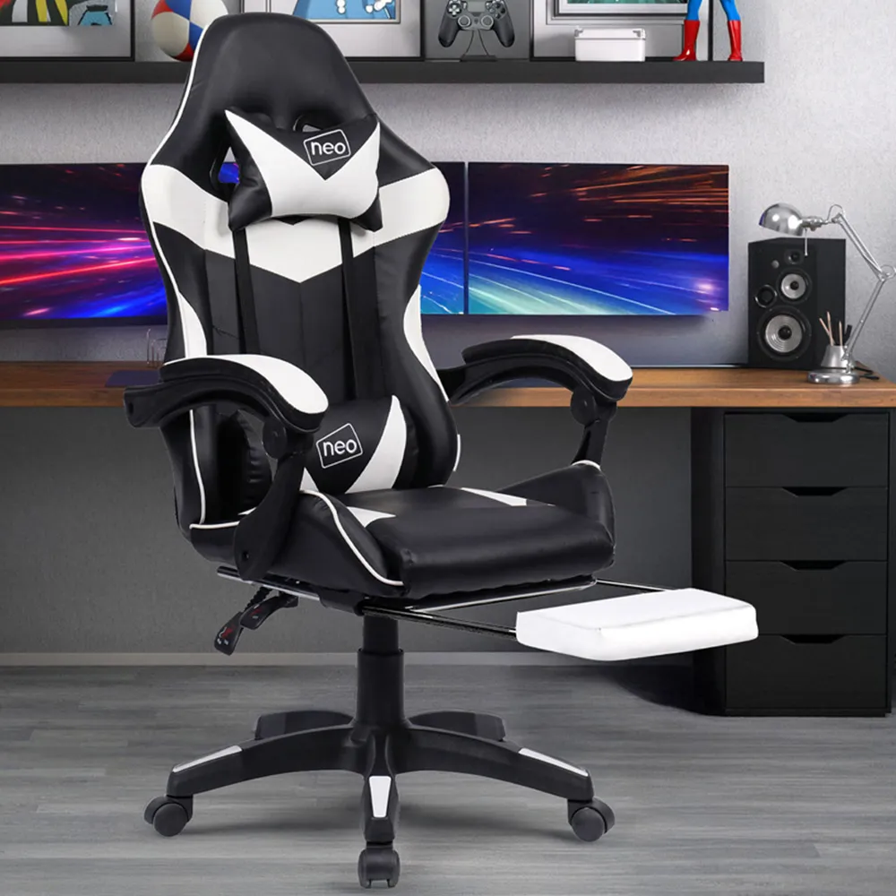 Swivel Office Chair with Lumbar Support - White, PU Leather