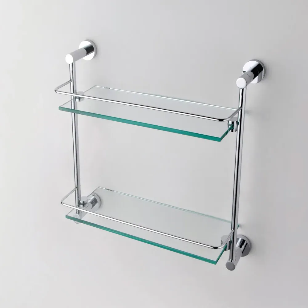 2 Shelf Glass Bathroom Rack with Round Chrome Brackets - Clear