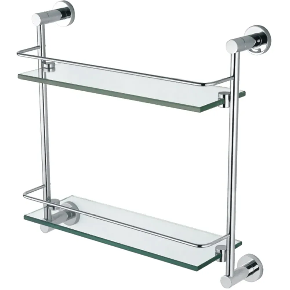 2 Shelf Glass Bathroom Rack with Round Chrome Brackets - Clear