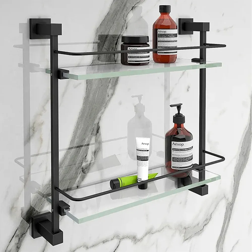 2 Shelf Glass Bathroom Rack with Square Brackets - Clear, Black