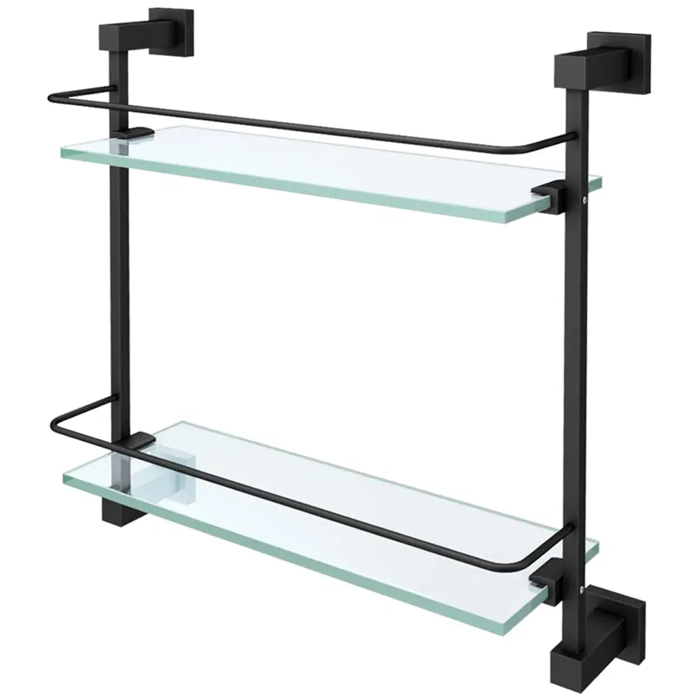 2 Shelf Glass Bathroom Rack with Square Brackets - Clear, Black