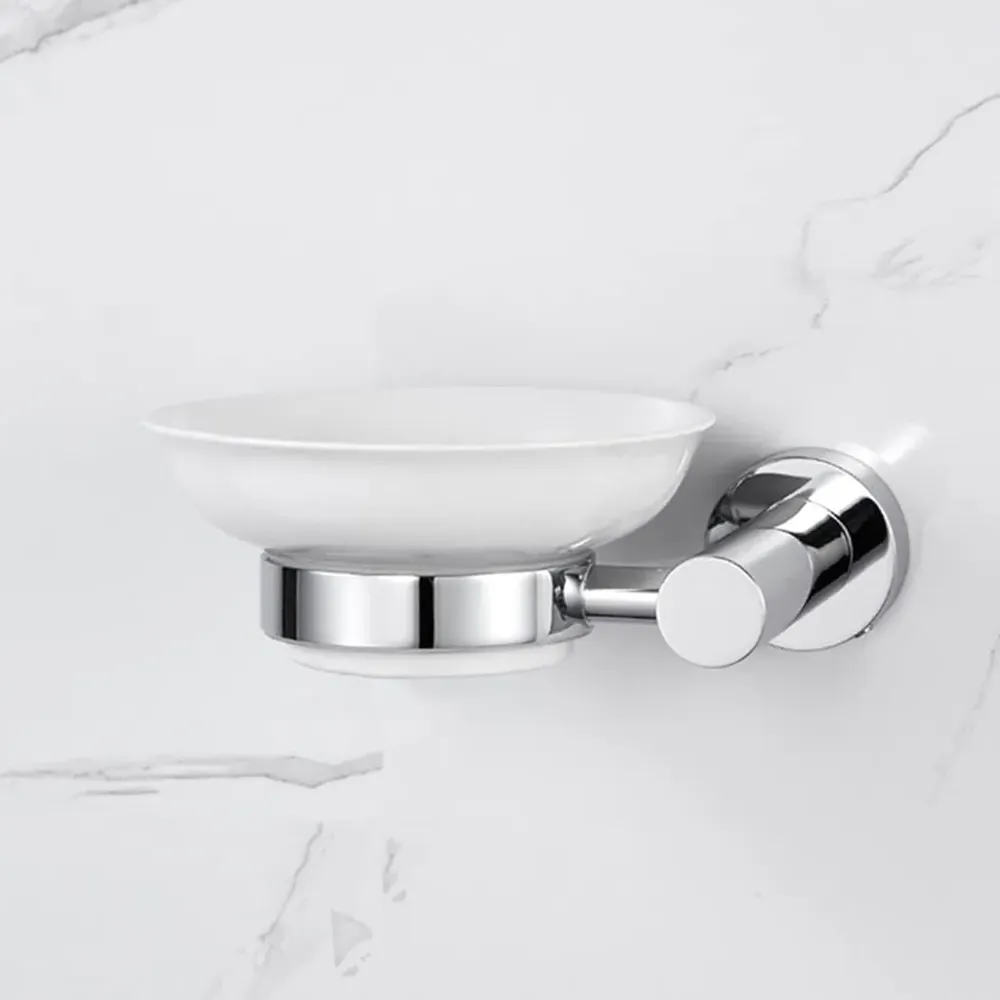 Chrome Finish Round Soap Dish with Holder - Silver, Ceramic