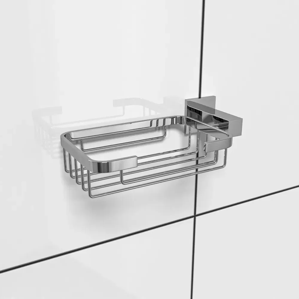 Chrome Square Wall Mounted Soap Dish with Holder - Silver