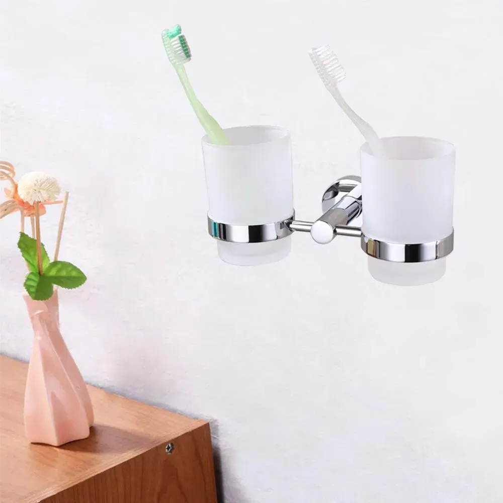 Double Ceramic Tumbler and Toothbrush Holder - Silver, Chrome