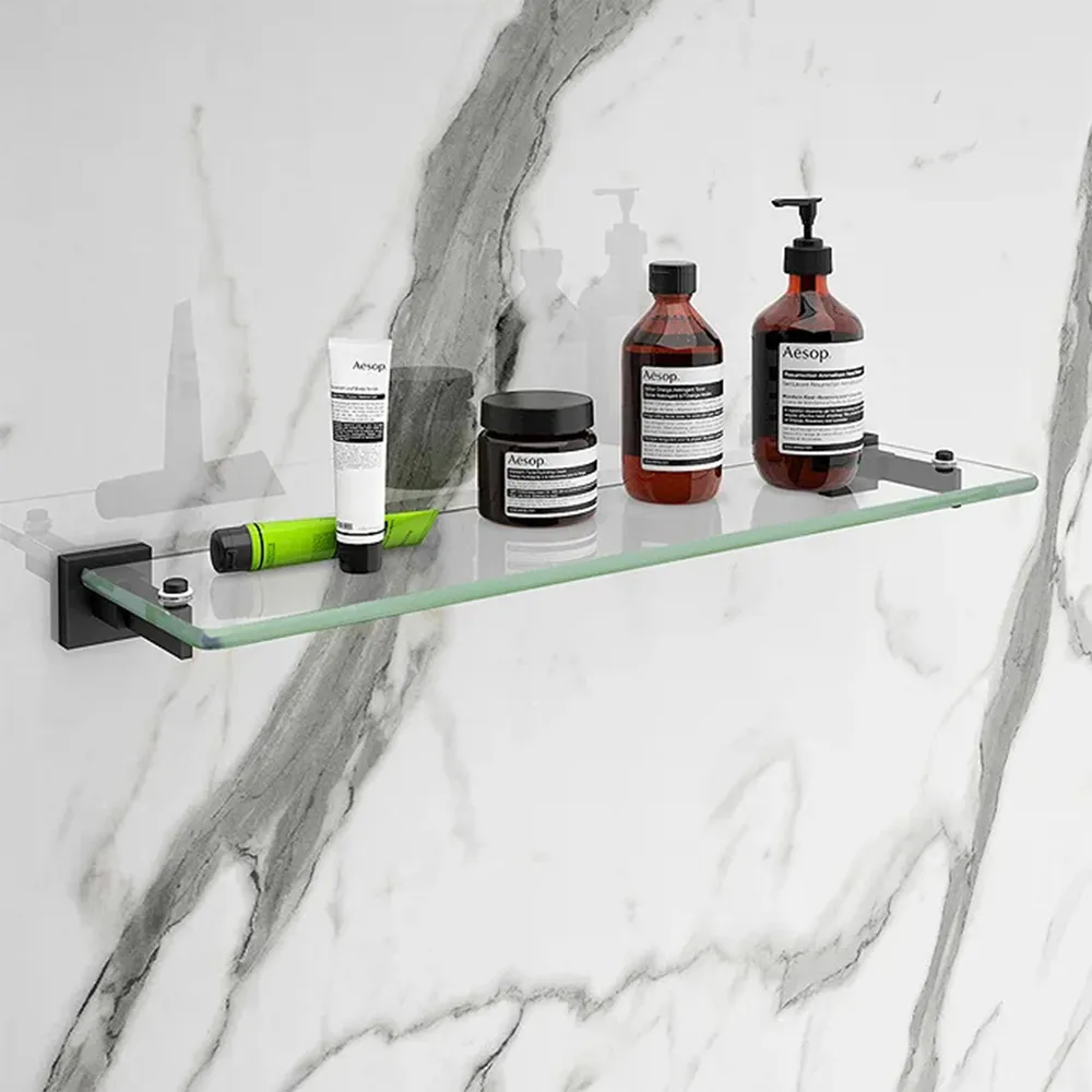 Single Shelf Glass Bathroom Rack with Matte Black Brackets - Clear