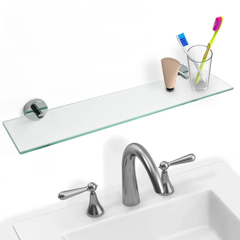 Single Shelf Glass Bathroom Rack with Round Chrome Brackets - Clear