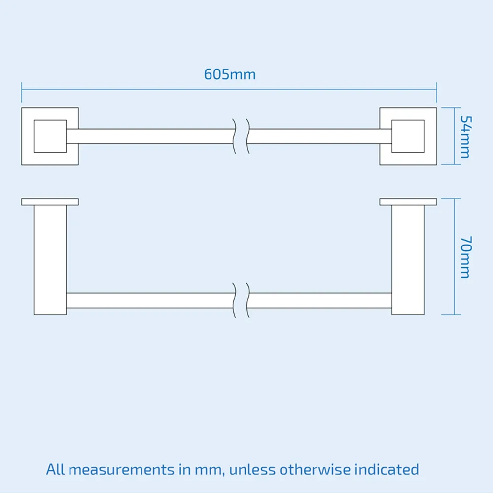Square Single Towel Rail - Silver, Chrome