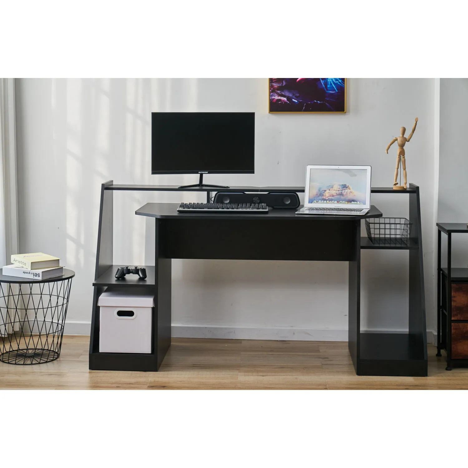 2 Tier Gaming Desk with Storage - Black