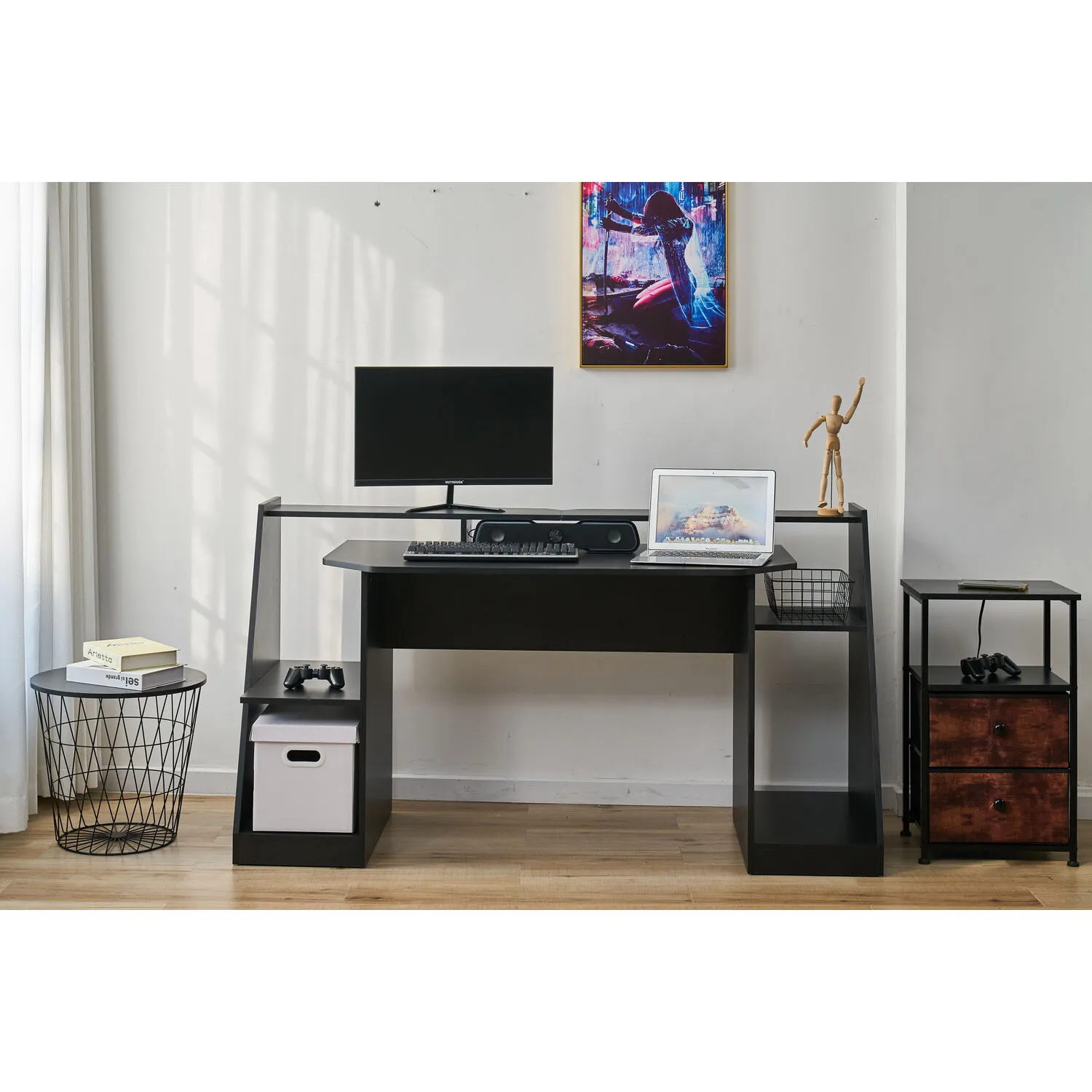 2 Tier Gaming Desk with Storage - Black