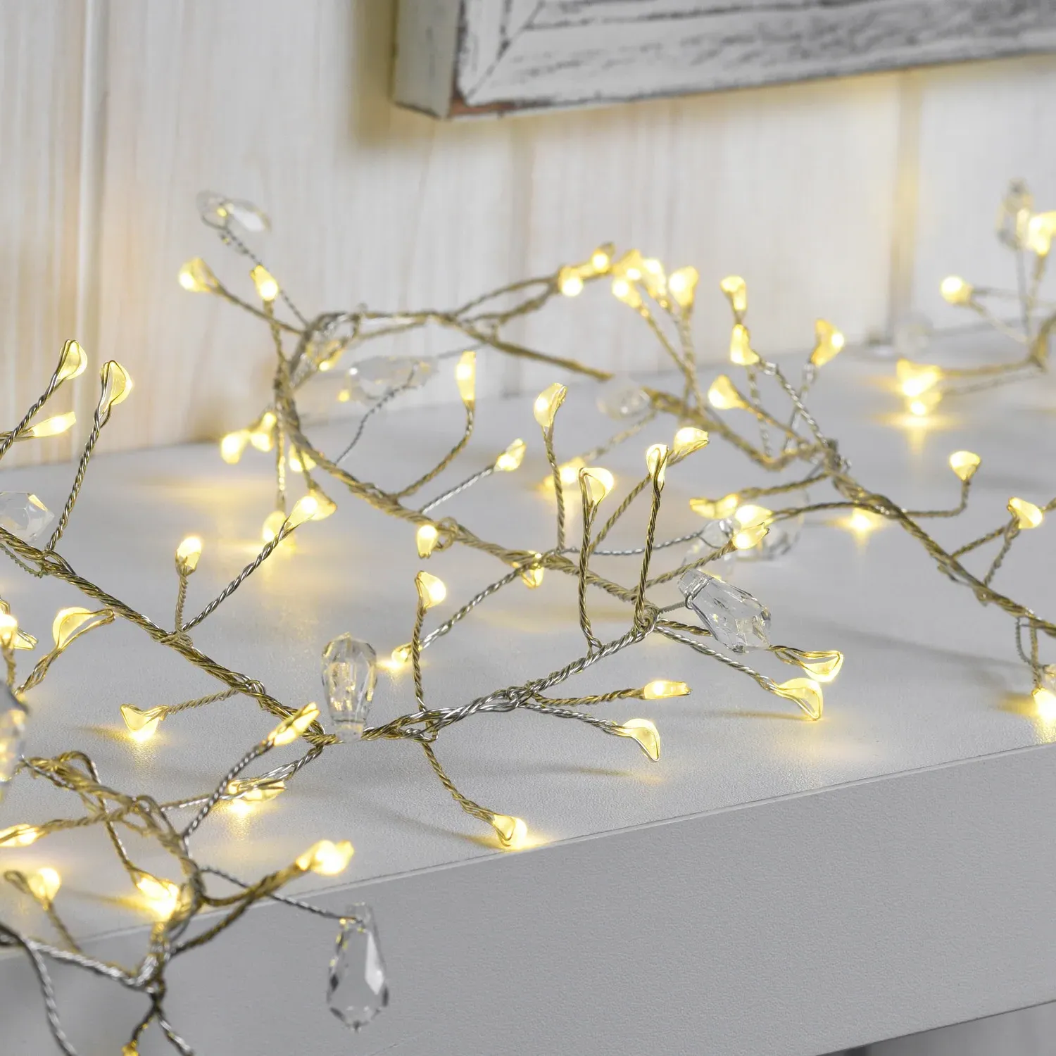 200 LED Jewelled Cluster String Light - Warm White, Silver Wire