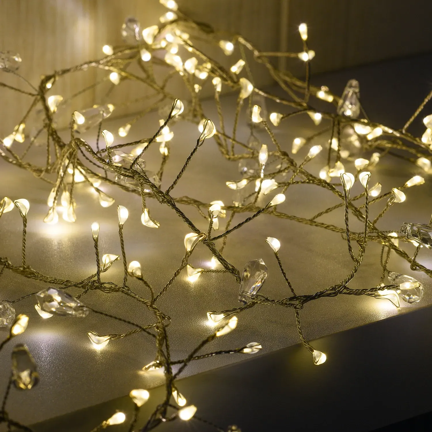 200 LED Jewelled Cluster String Light - Warm White, Silver Wire