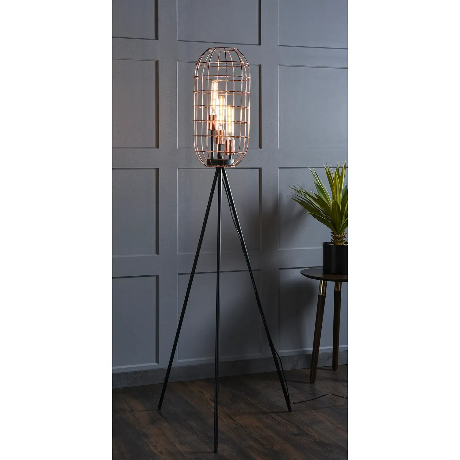 3 Light Tripod Floor Lamp - Copper, Metal