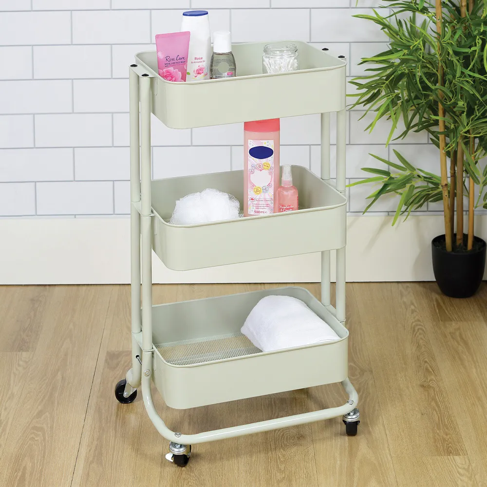 3 Tier Storage Trolley - Sage Green, Iron