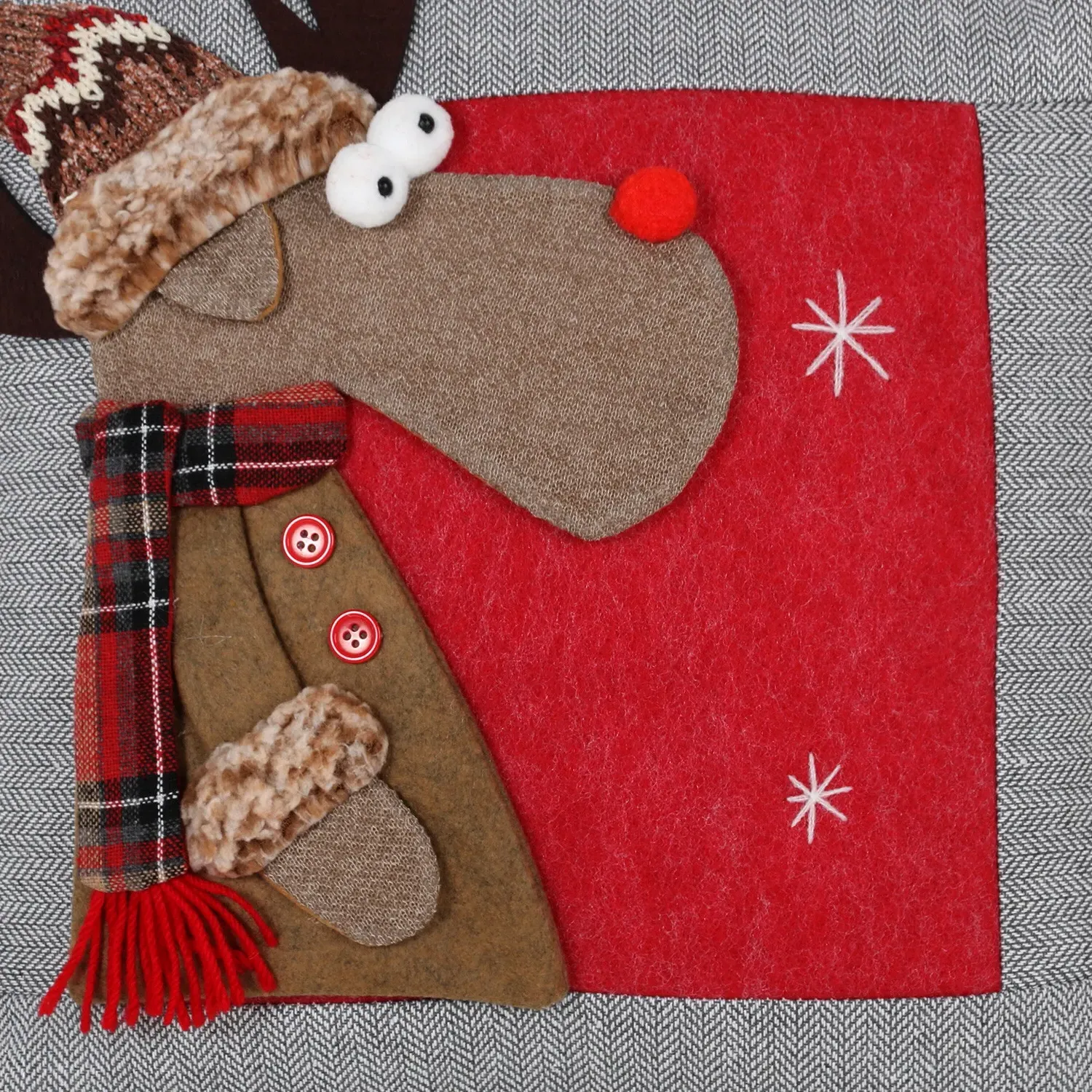 3D Reindeer Cushion with Hat and Scarf - Red