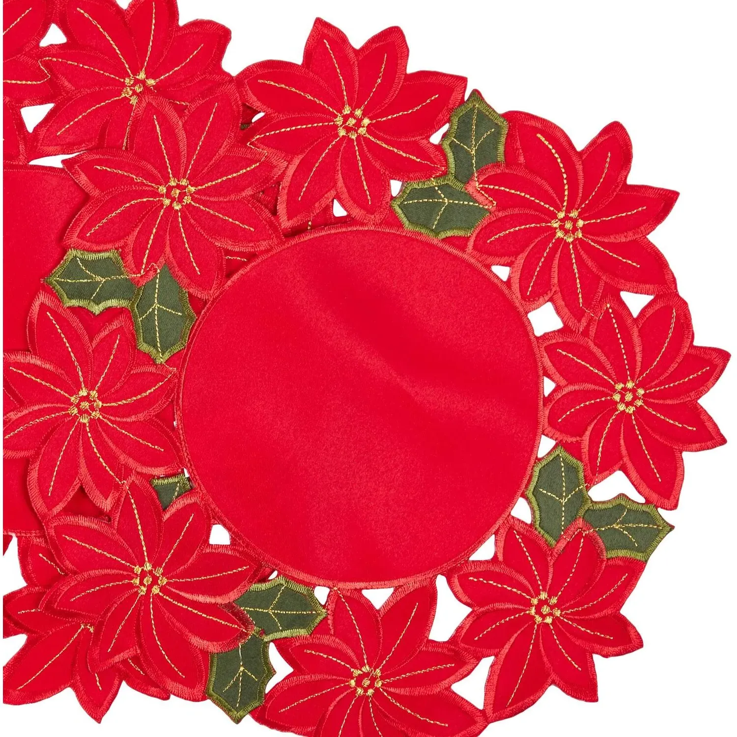 4 Piece Embroidered Poinsettia Placemats - Red