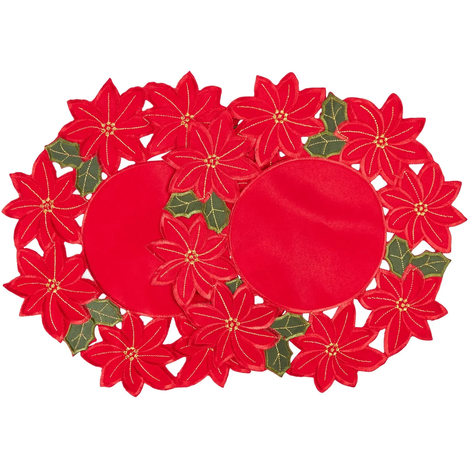 4 Piece Embroidered Poinsettia Placemats - Red