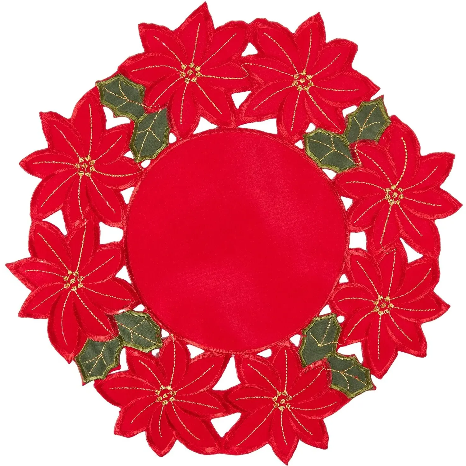 4 Piece Embroidered Poinsettia Placemats - Red