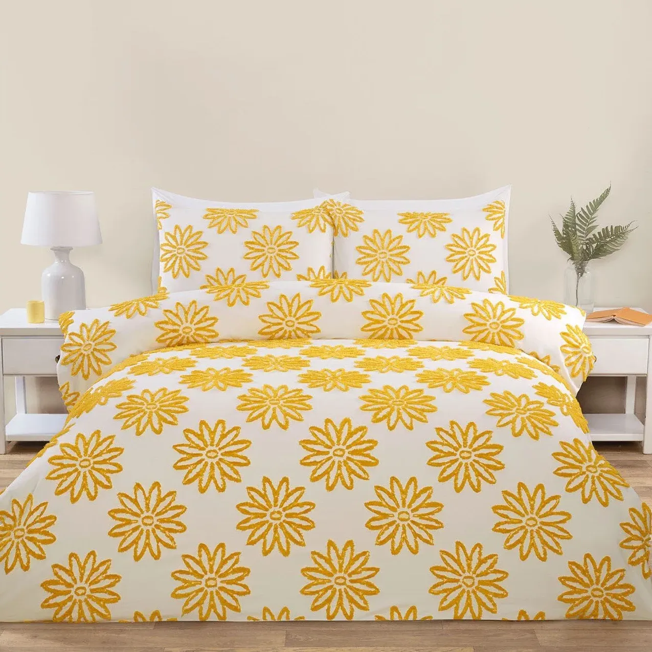 Alyssa King Size Tufted Duvet Set - Ochre and White