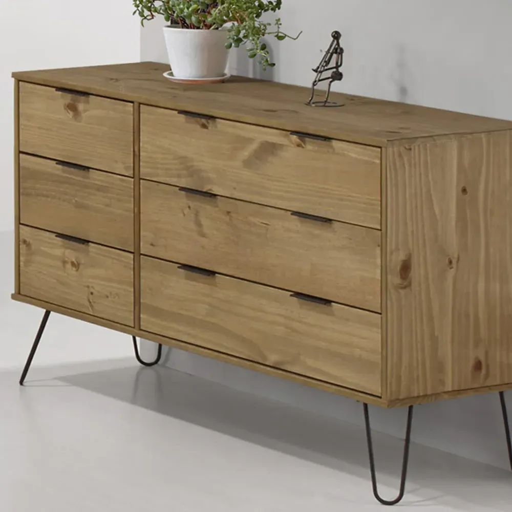 Augusta 6 Drawer Wide Chest of Drawers - Brown, Pine