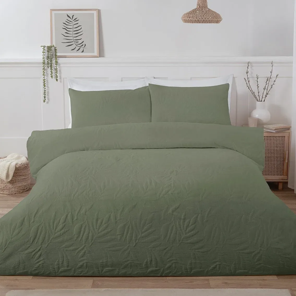 Avery Leaf King Size Duvet Cover and Pillowcase Set - Olive Green