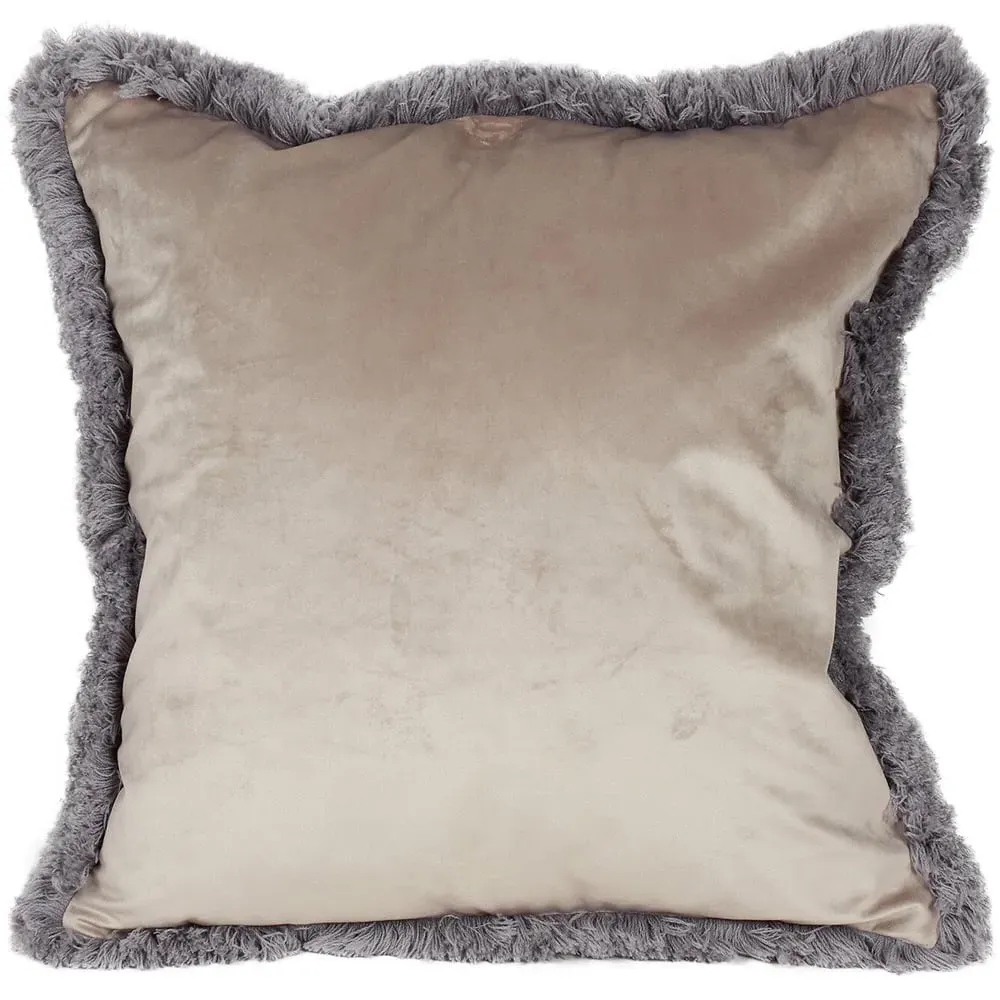 Axton Velvet Fringed Cushion - Stone image
