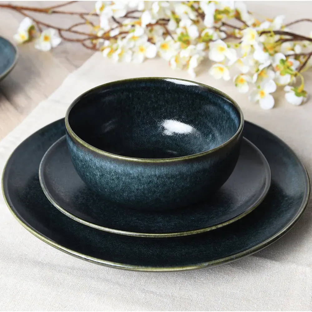 Ayano 12 Piece Reactive Glaze Dinner Set - Black