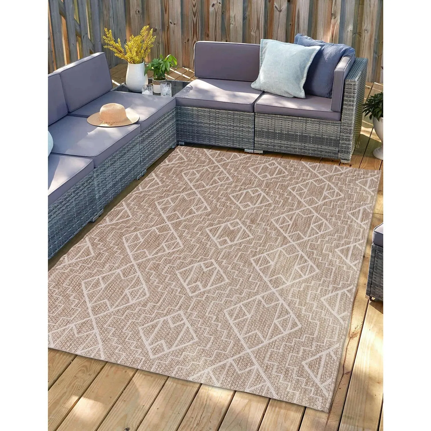 Aztec Indoor Outdoor Rug 160cm - Beige, Polypropylene