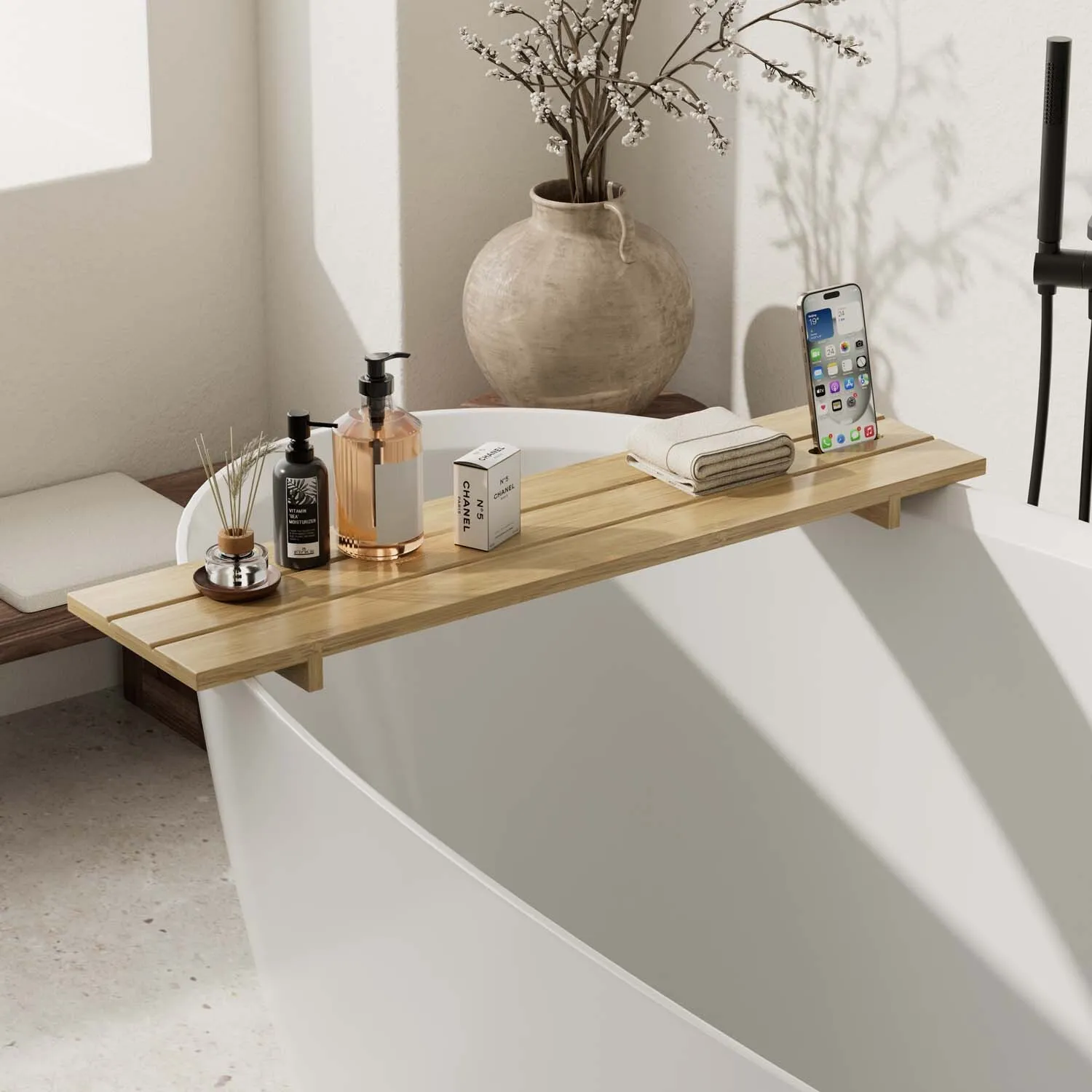 Bamboo Bath Bridge with Phone Slot - Natural