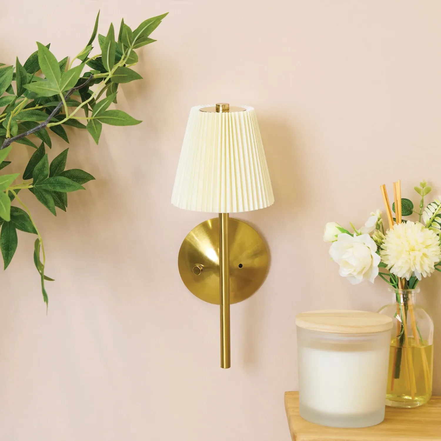 Battery Operated Pleated Wall Light - Cream, Gold