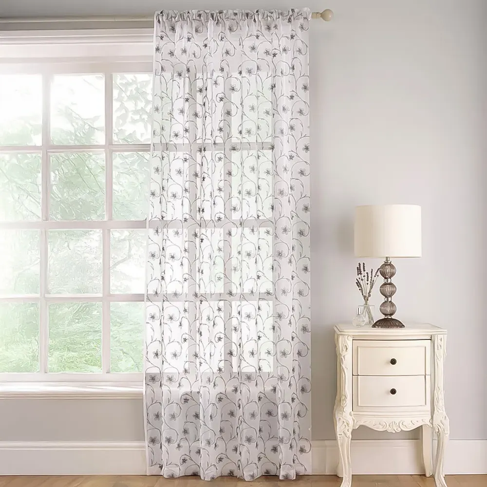 Belle Embroidered Voile Curtain Panel - Grey