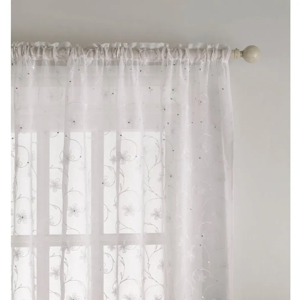 Belle Embroidered Voile Curtain Panel - White
