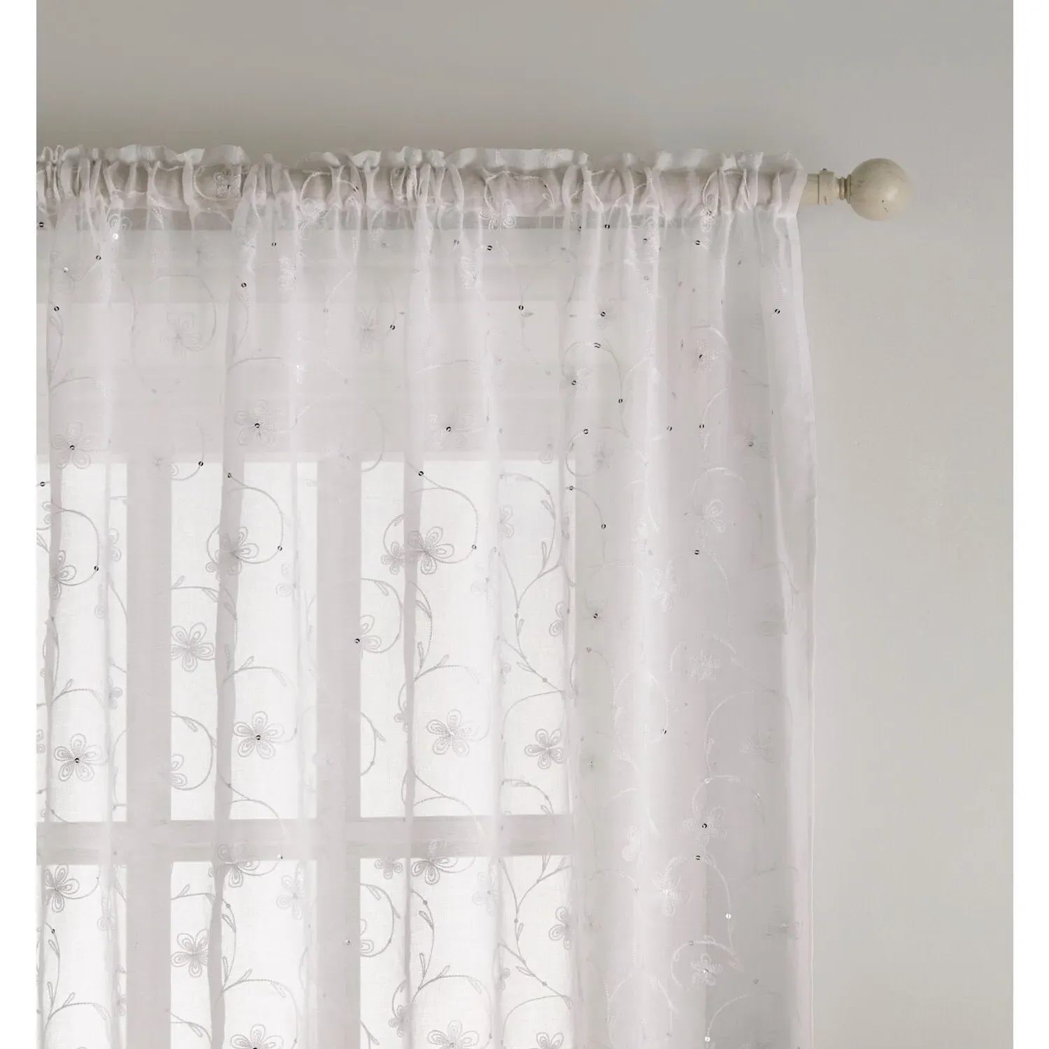 Belle Embroidered Voile Curtain Panel - White