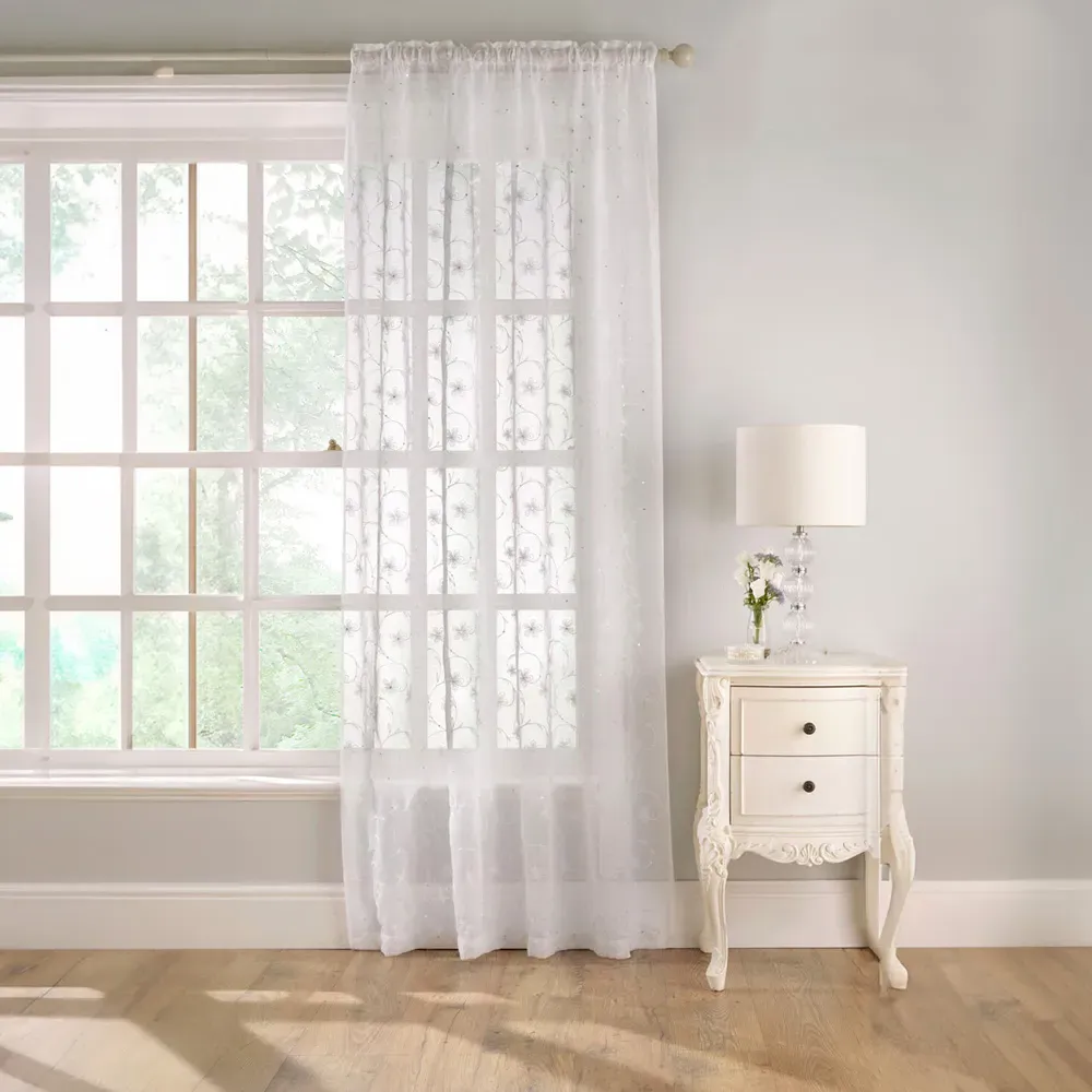 Belle Embroidered Voile Curtain Panel - White