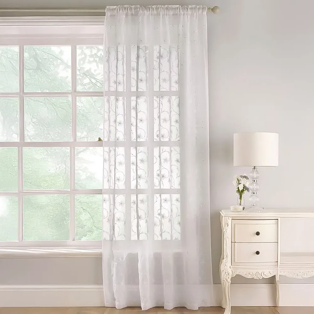 Belle Embroidered Voile Curtain - White