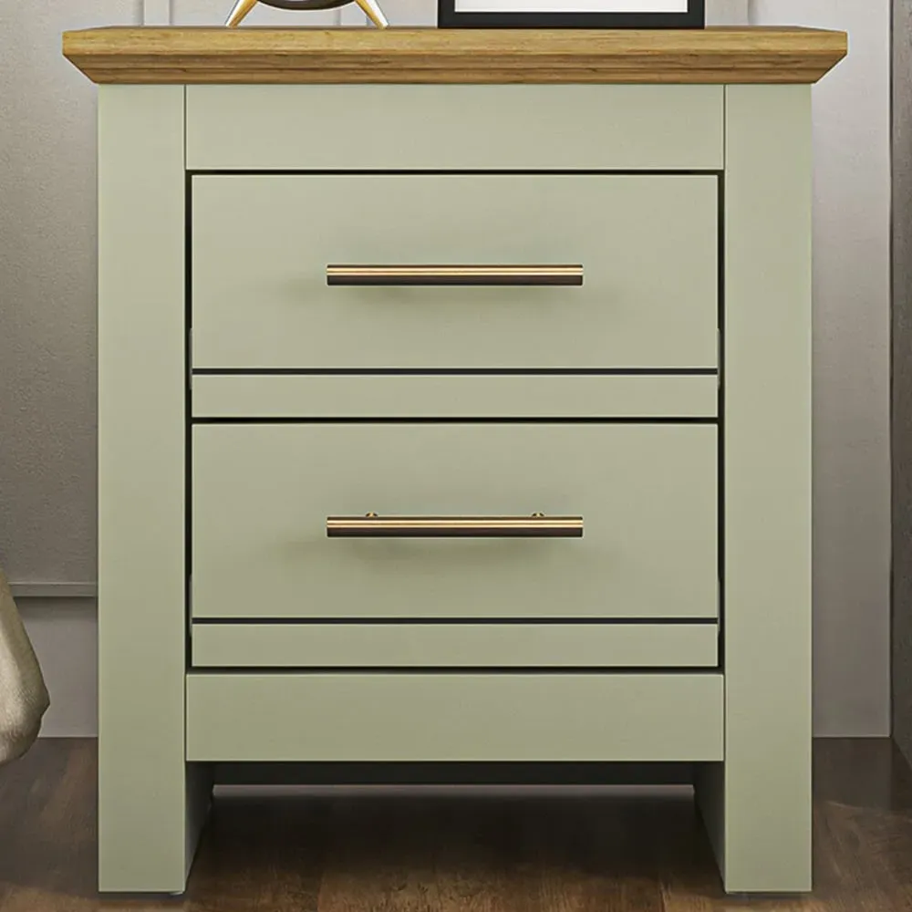 Bexley 2 Drawer Bedside Table - Sage Green, Oak image
