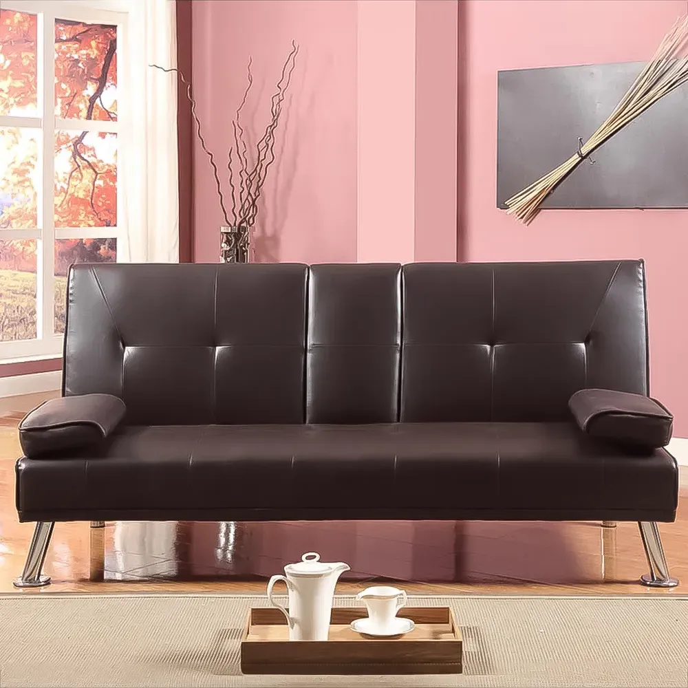 Brooklyn 2-Seater Sofa Bed with Cup Holder - Brown, Faux Leather image