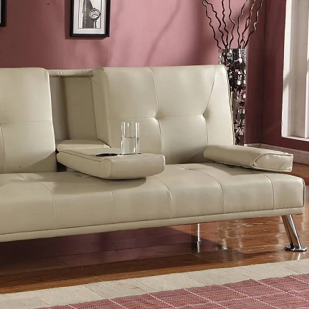 Brooklyn 2-Seater Sofa Bed with Cup Holder - Cream, Faux Leather