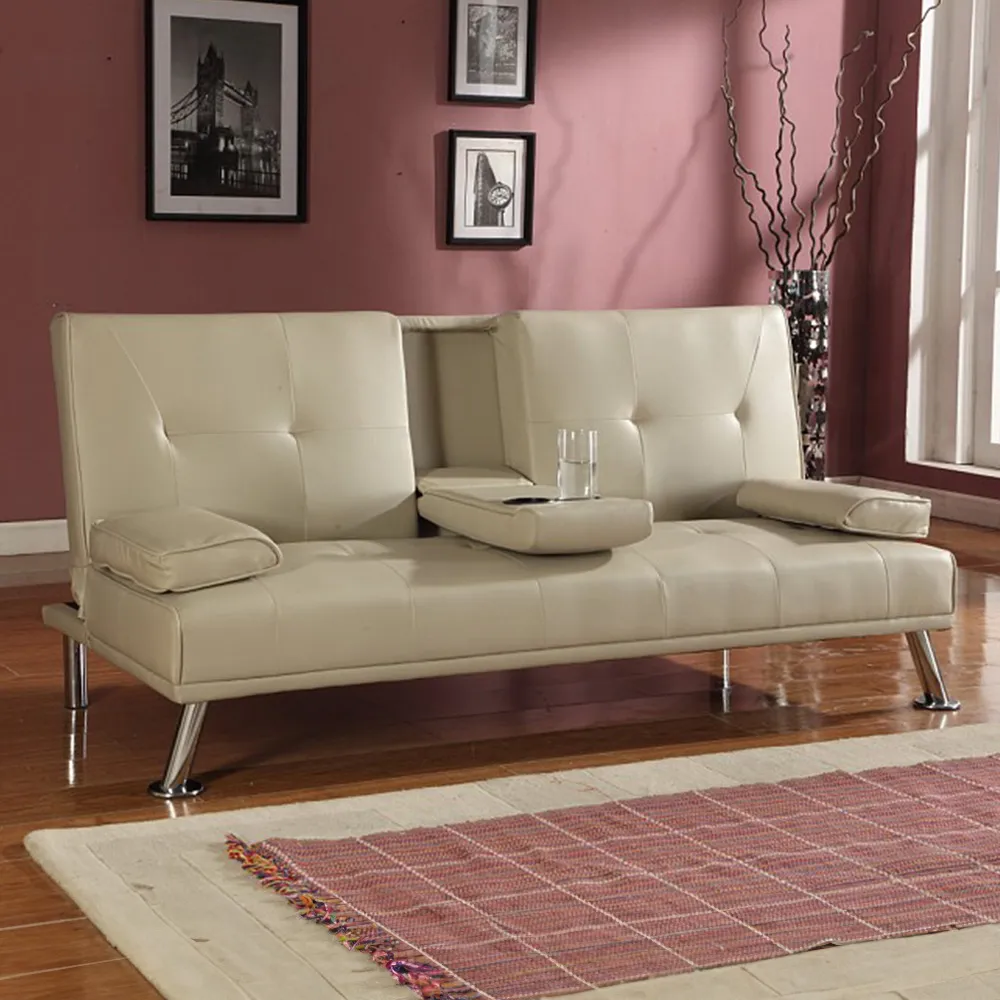 Brooklyn 2-Seater Sofa Bed with Cup Holder - Cream, Faux Leather