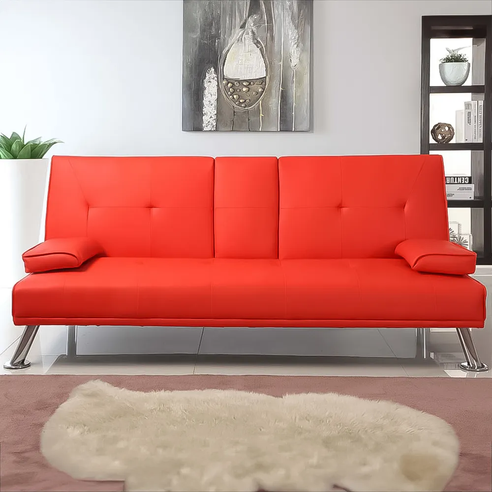Brooklyn 2-Seater Sofa Bed with Cup Holder - Red, Faux Leather