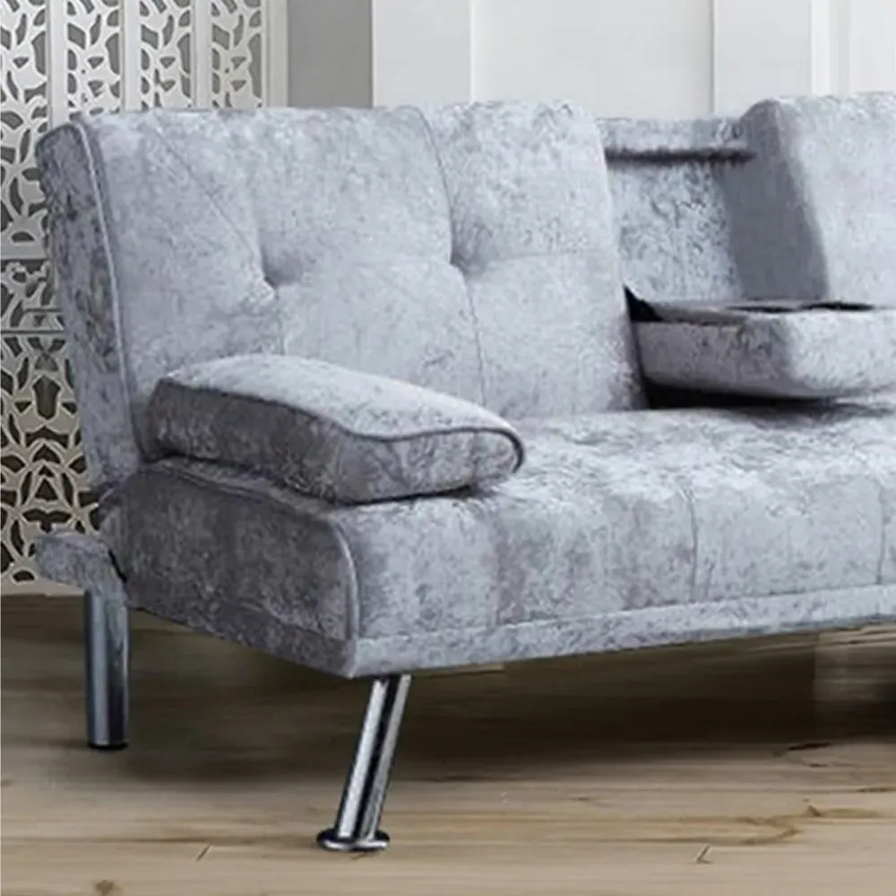Brooklyn 2-Seater Sofa Bed with Cup Holder - Silver, Velvet