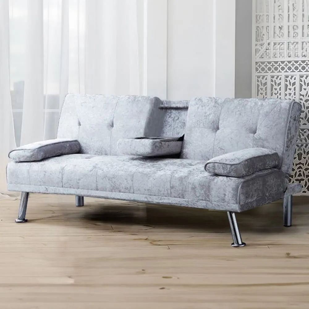 Brooklyn 2-Seater Sofa Bed with Cup Holder - Silver, Velvet image